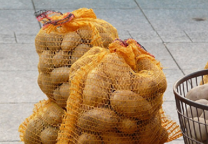 Potatoes in string bag for consumer market