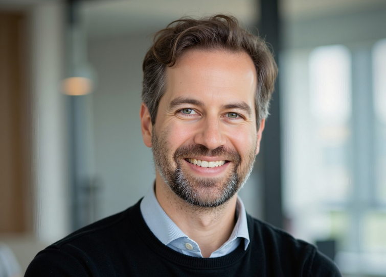 Smiling man with brown hair an beard in blue shirt and navy jumper