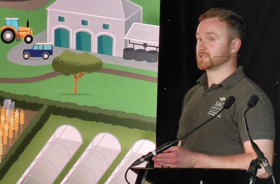 Ginger man with beard pointing at projected image on screen