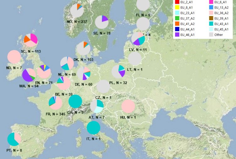 Map with coloured pins on