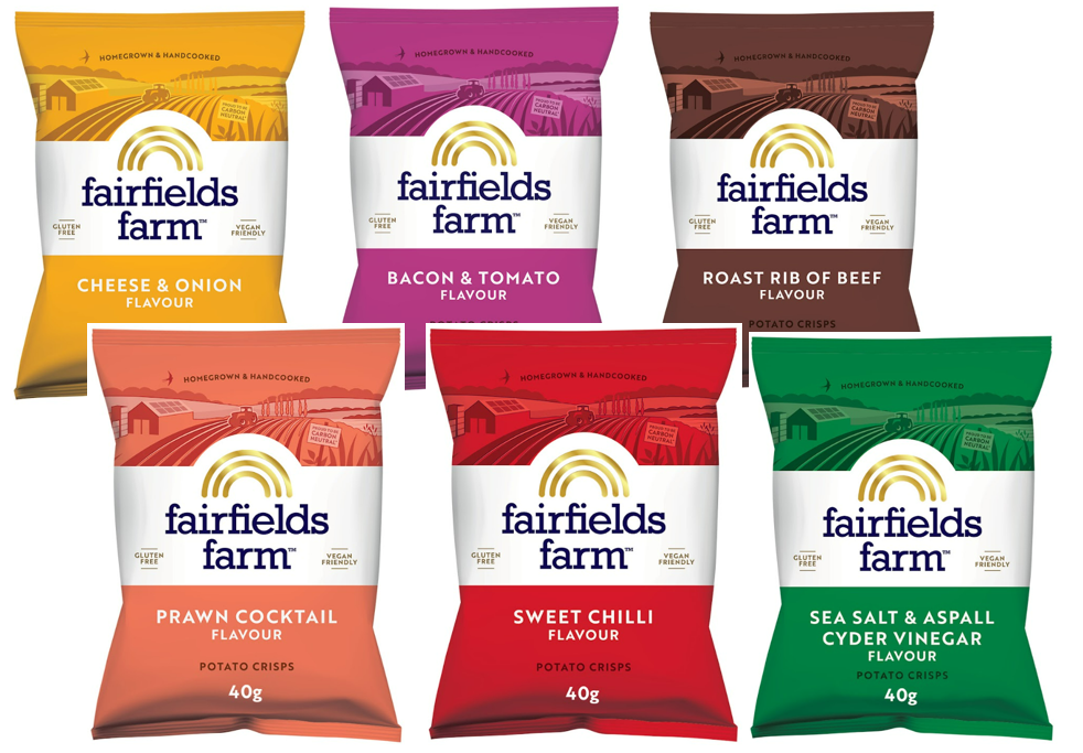 Six of the 40g Fairfields Crisps flavour packs