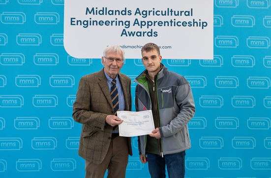 Former NNAS President Pat Whit presenting Nathan Walls of Chandlers Farm Equipment, with his Midlands Agricultural Engineering Apprenticeship Award in 2023