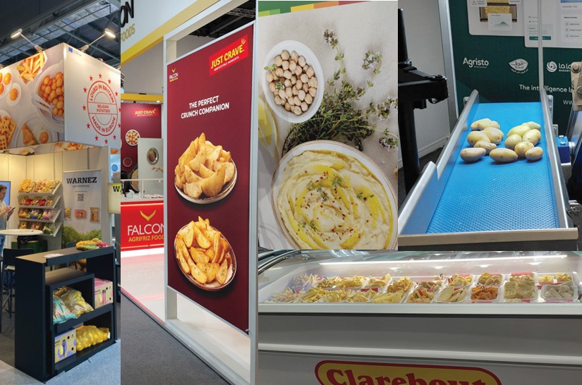 Collage of different exhibition stands featuring potato products at IFE 2026