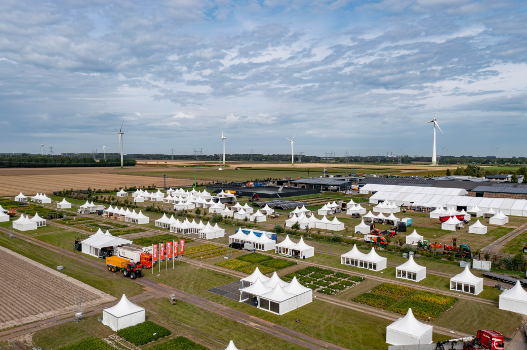 White gazebos and farm machinery in field ready for a show