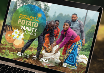 Open laptop screen showing pictures of Rwanda farmers collecting potatoes in a sack