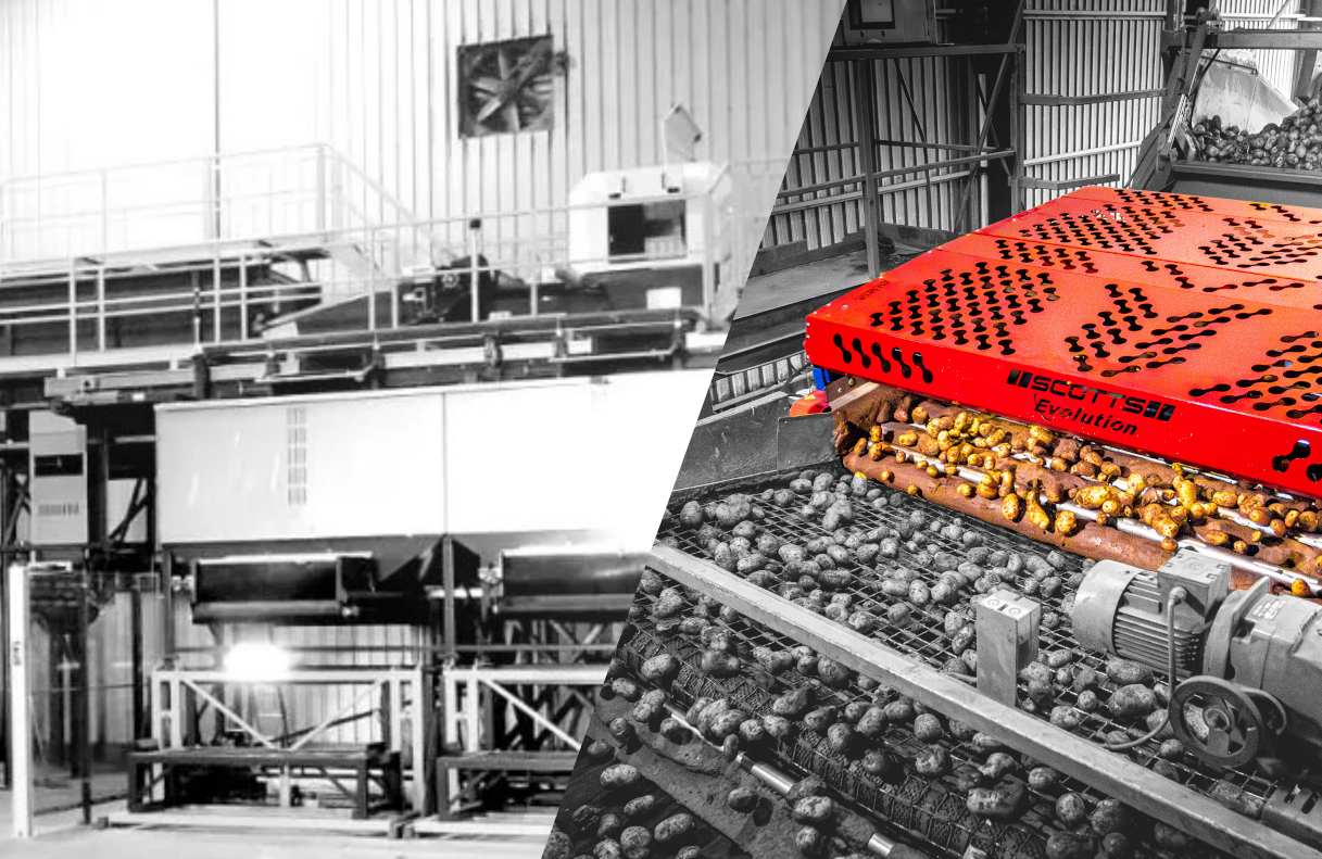Close-ups of potato separating machine in photo collage