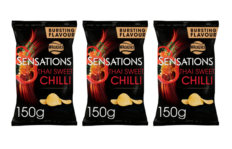 Three bags of salt-reduced Thai Sweet Chilli crisps from Walkers in a row