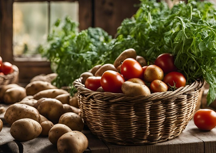 Basket containing organic potatoes and tomatoes with greenery in background.