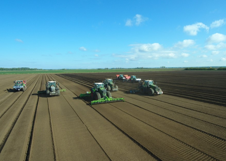 potato field and agricultural machines with blue sky