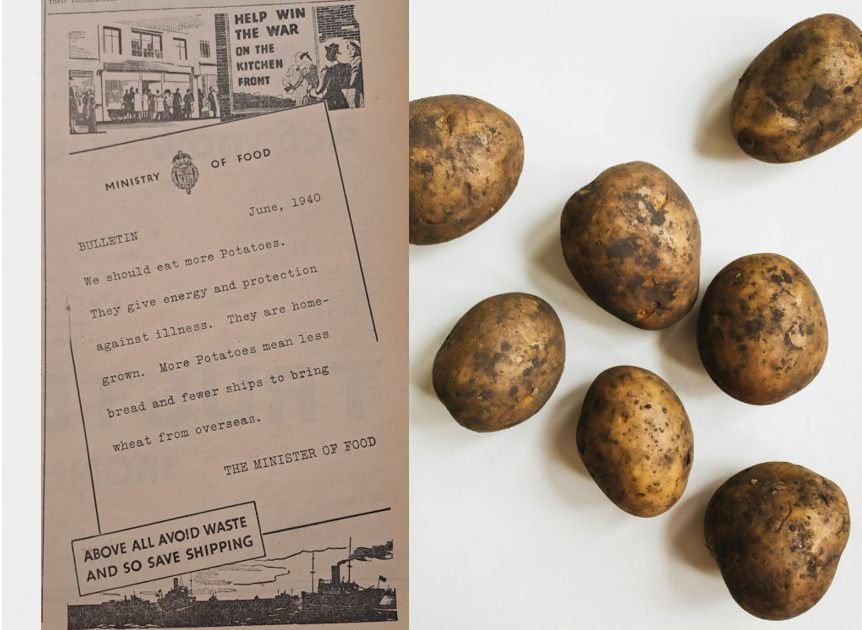 Newspaper cutout of potato advert from Ministry of Food on top of scattered potatoes