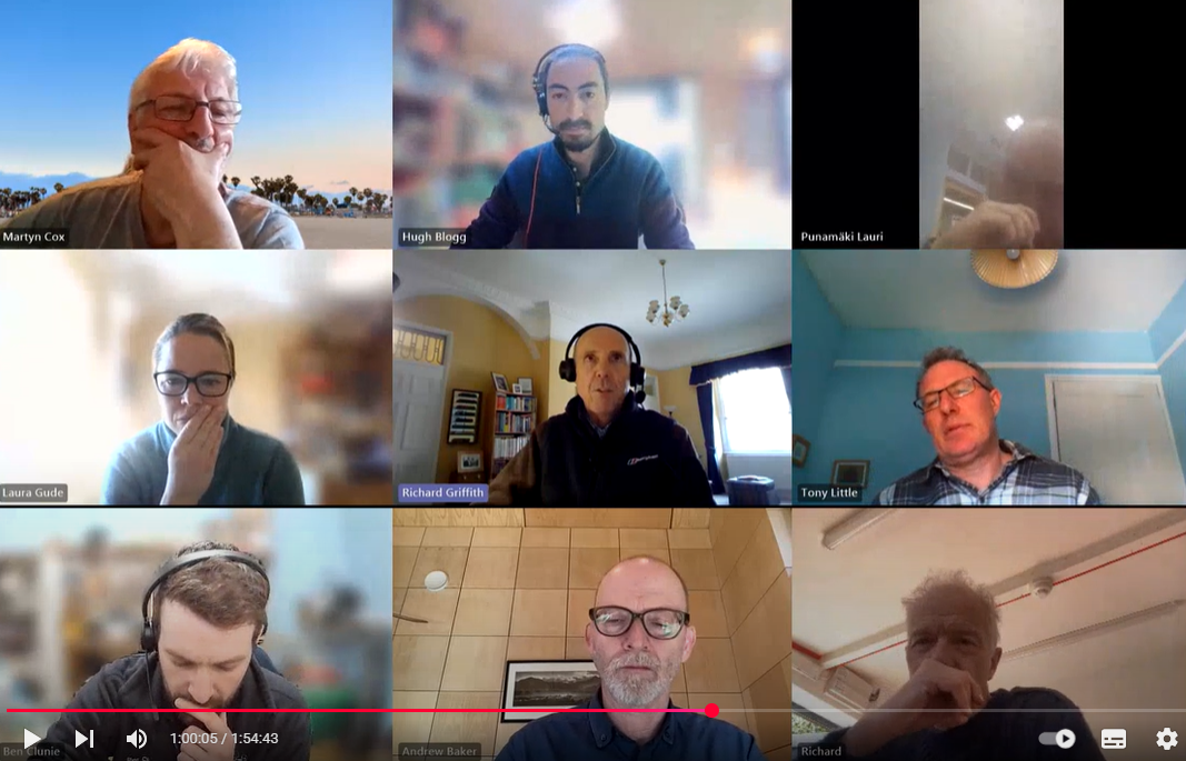 Screenshot of 9 people facing cameras during webinar